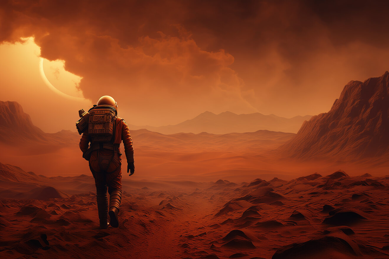 Astronaut walking on the red planet