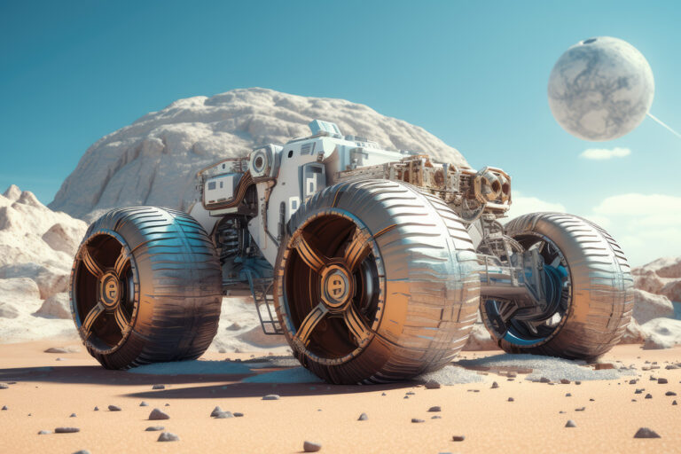 Metallic space rover on some planet