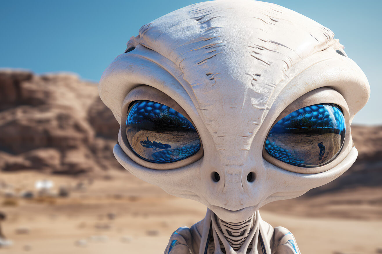 Cute white alien with blue eyes