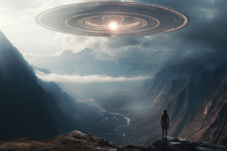 Woman looking on large UFO disc over the valley