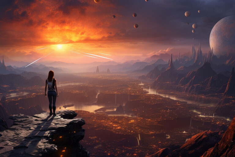 Woman looking at evening planet landscape