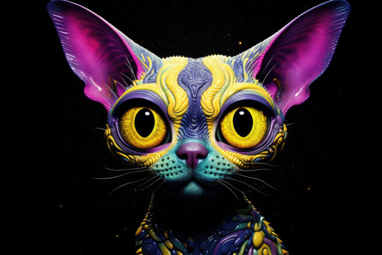 Strange colorful alien cat with big yellow eyes