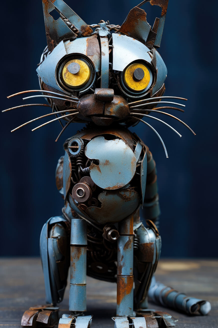 Strange blue metal rust robot cat