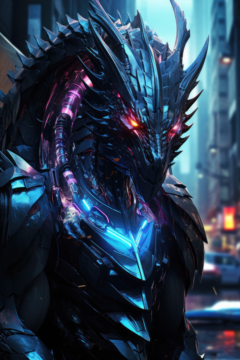 Metallic blue humanoid dragon with red eyes