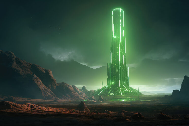 Night planet landscape with tall tower in green lights