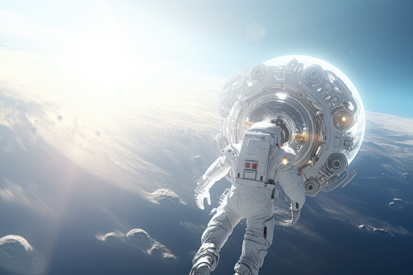 Astronaut on Earth orbit near futuristic capsule