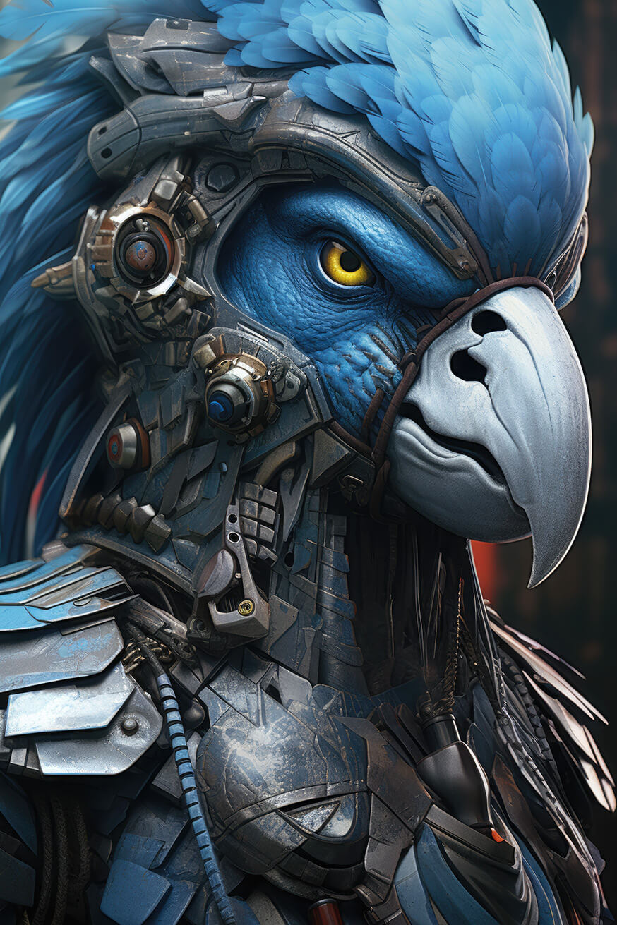 Parrot humanoid with blue feathers in warrior outfit