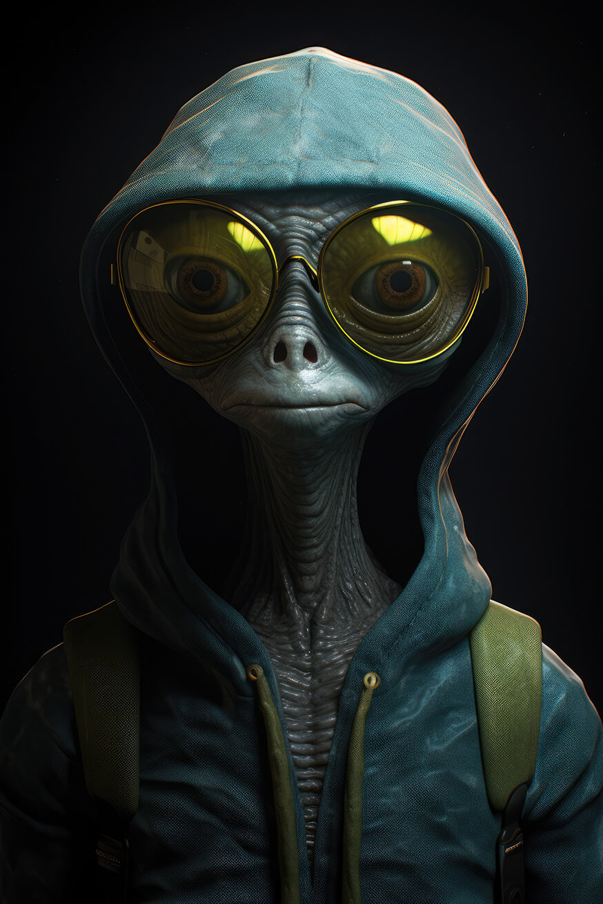 Funny alien in yellow sunglasess and hood