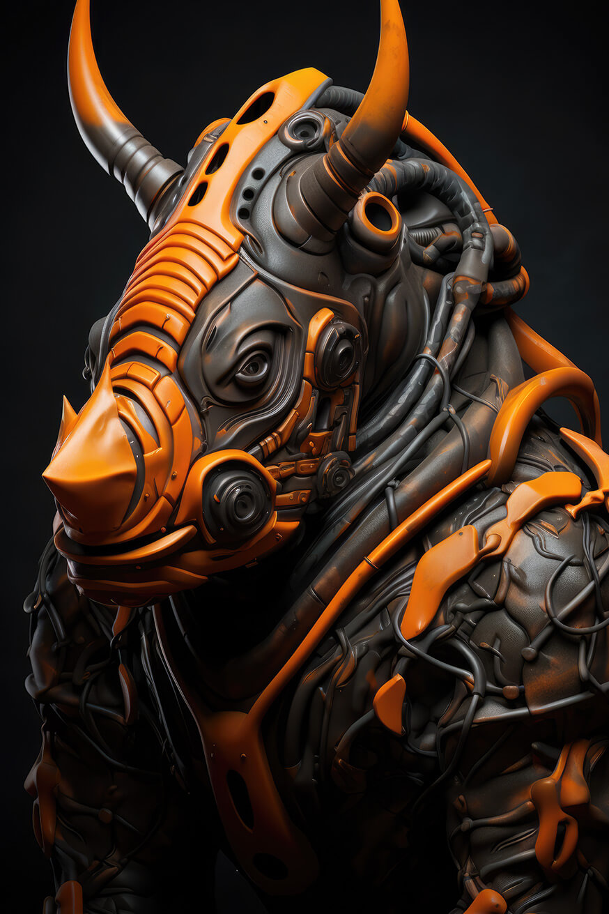 Humanoid rhino in cool orange and brown outfit