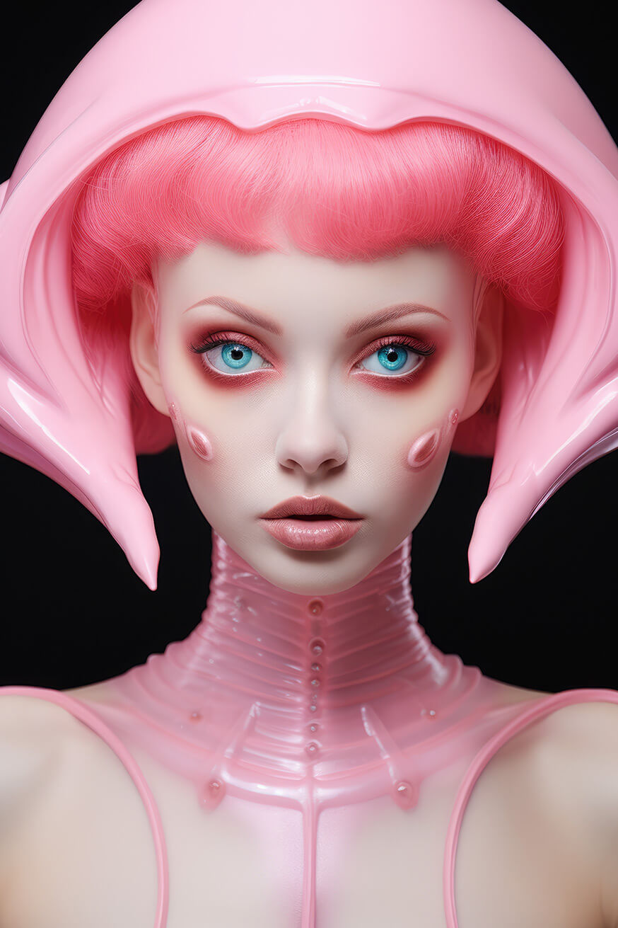 Pink hair woman with pink helmet and blue eyes