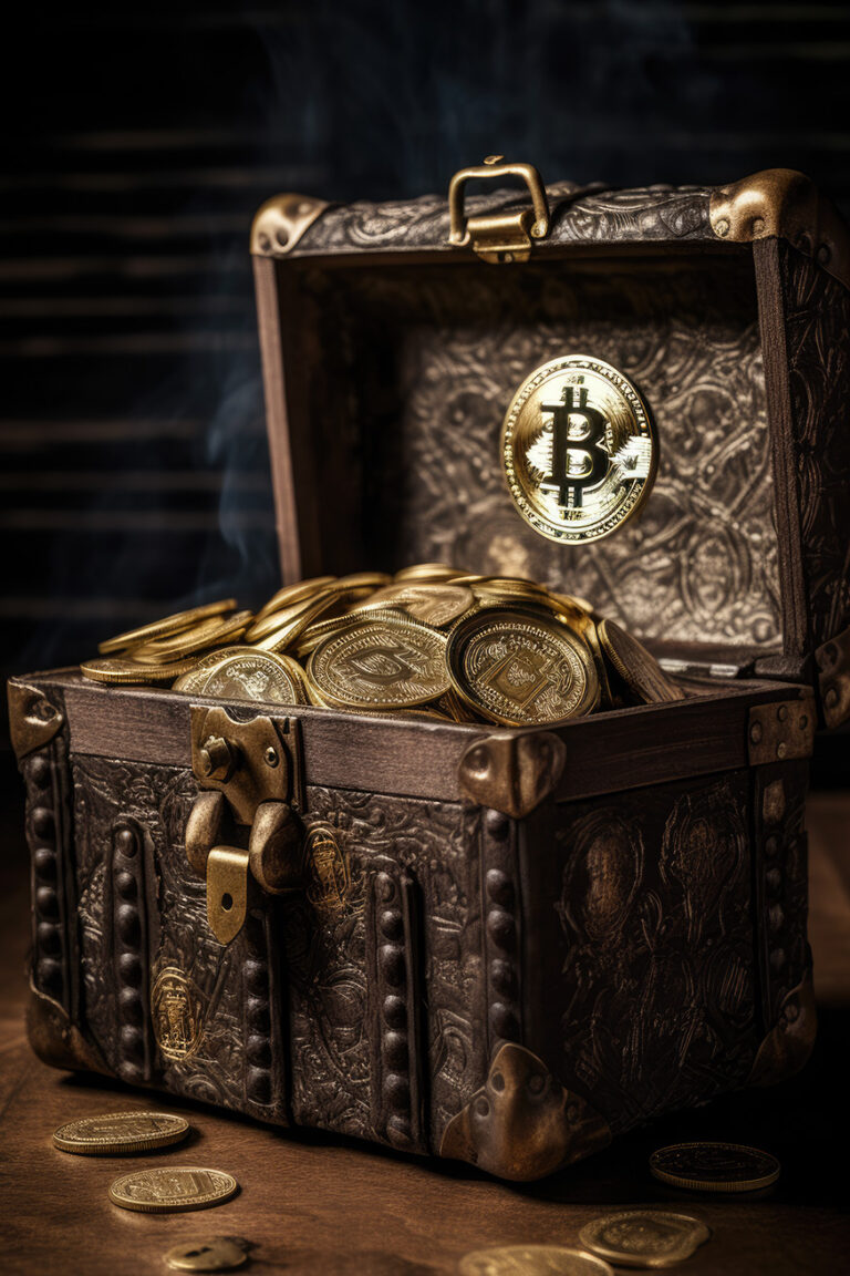 Treasure chest with golden bitcoins