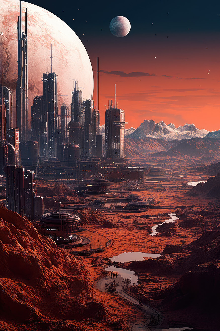 Red planet with futuristic city and huge moon