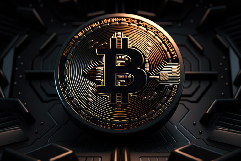 Black bitcoin logo with orange shine on black structure background