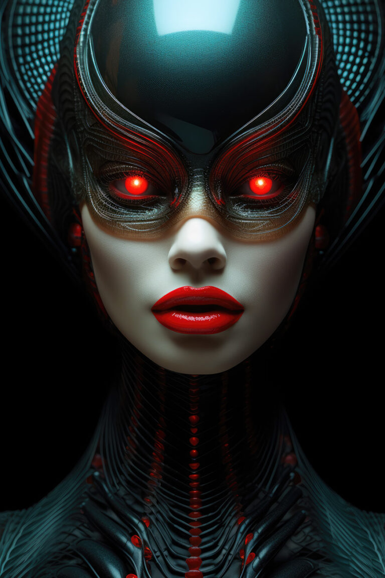 Monster fantasy woman in green helmet and red eyes and lips