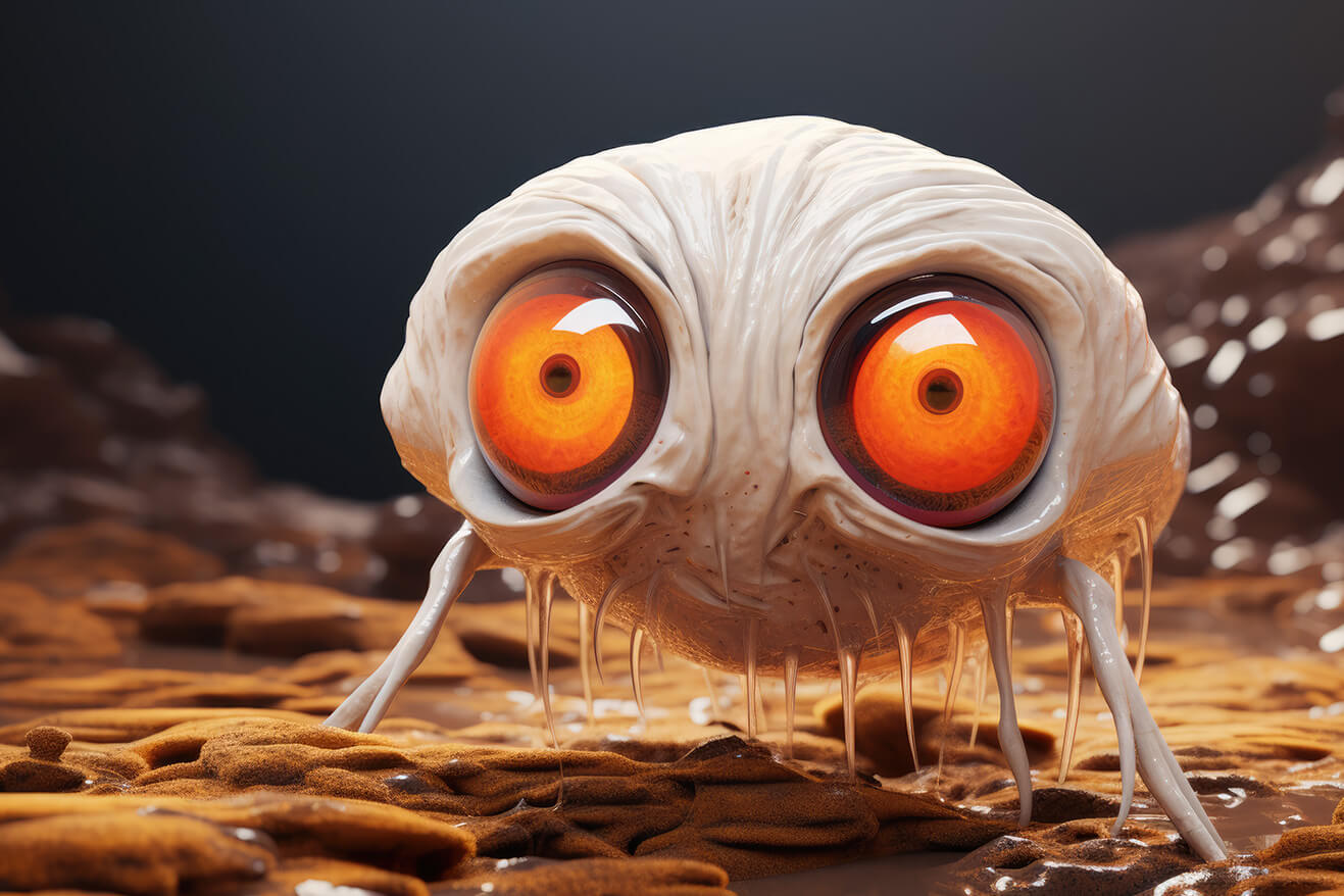 Cute weird alien creature with big orange eyes