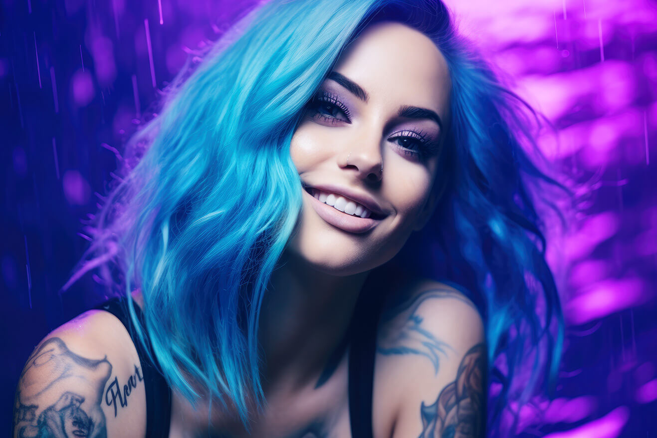 Beautiful woman with blue hair and tattoo on neon background