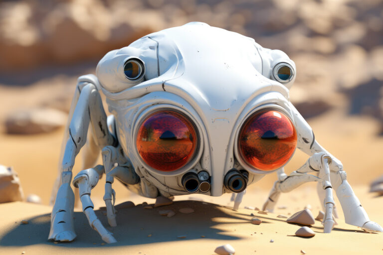 White robotic crab with spherical eyes in the desert