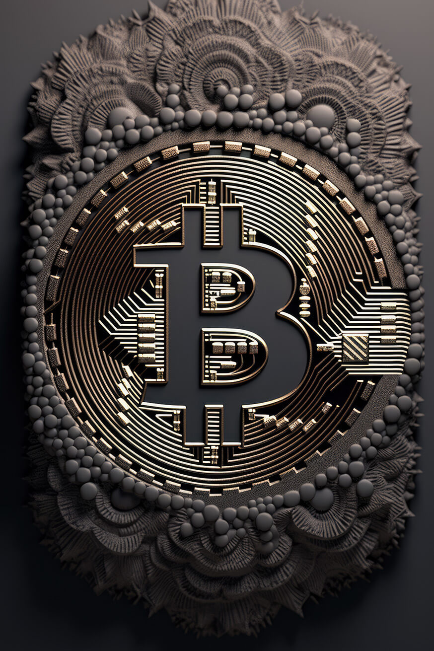 Brown bitcoin logo on carved texture