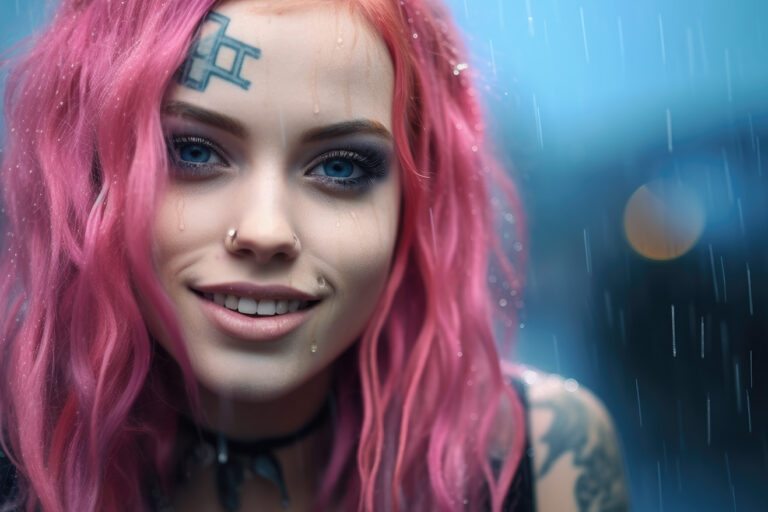 Pink haired girl with tattoo under the rain drops