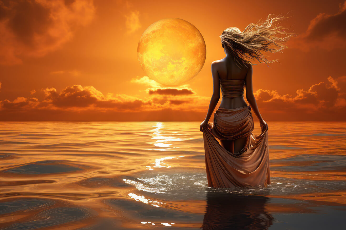 Woman with bronze skin standing in water at sunset opposite huge sun