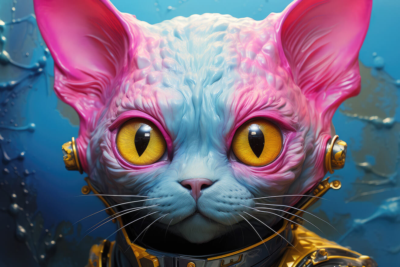 Cat with big eyes and blue and pink skin