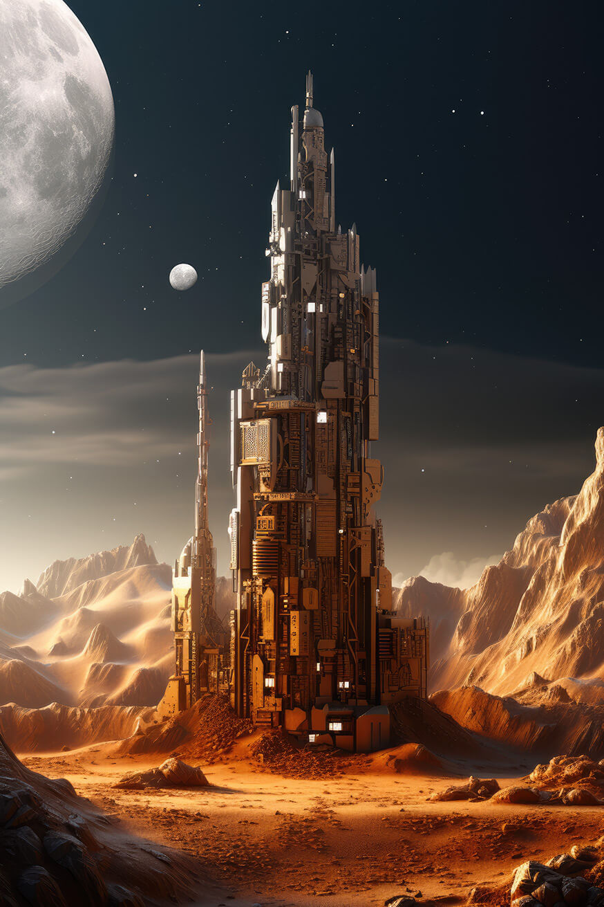 Metallic tower at night landscape in moon lights