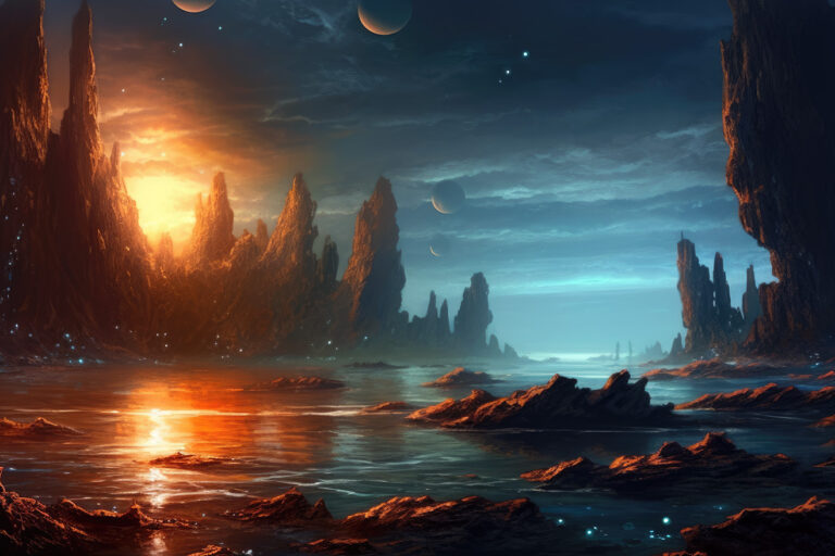 Sunset on some planet landscape with lake and moons