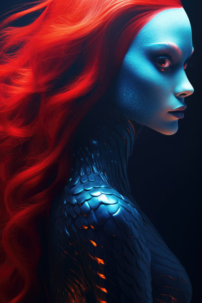 Woman with blue snake skin and red hair