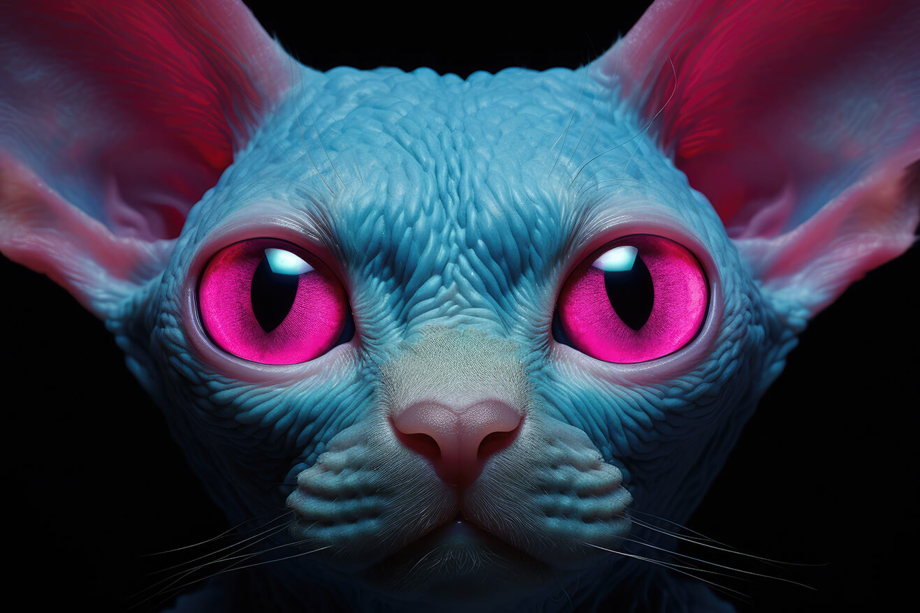 Blue cat portrait with deep pink eyes