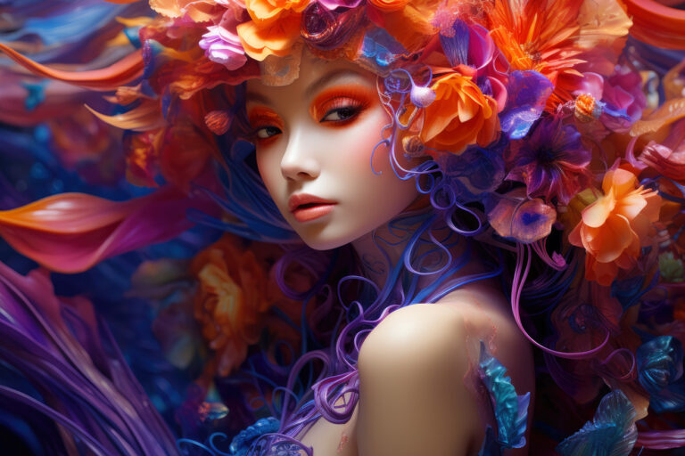 Beautiful woman in colorful neon flowers