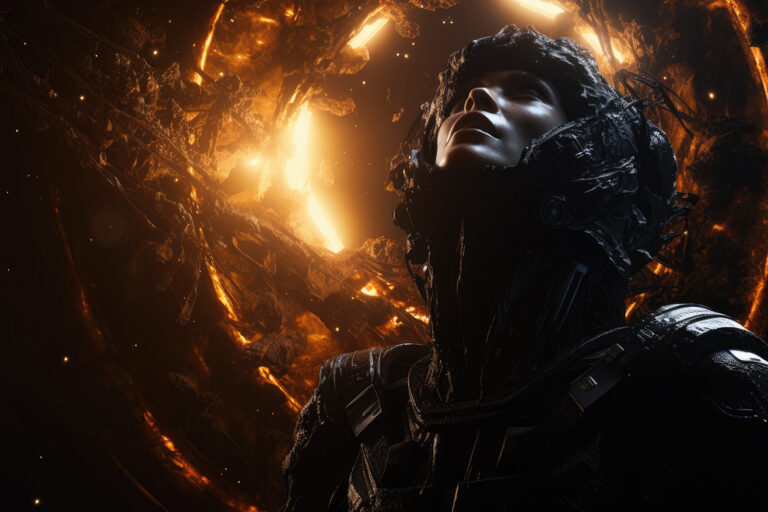 Astronaut in black costume on fire background