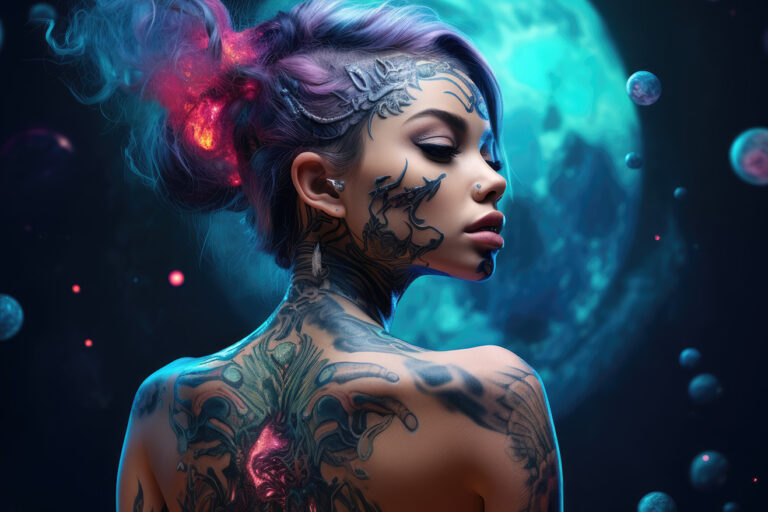 Woman with tattoo and glowing hair on neon background