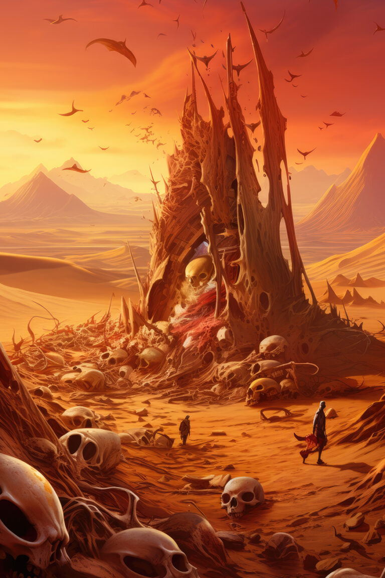 Unknown orange planet landscape with giant skulls