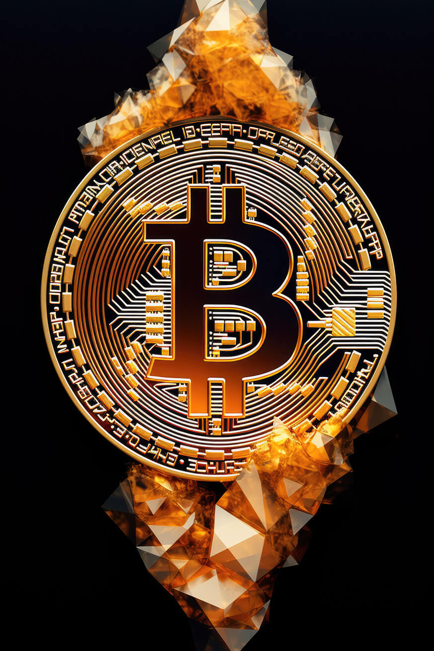 Orange bitcoin logo with orange crystals