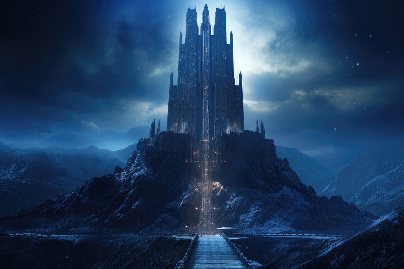 Big dark tower in the mountains at night