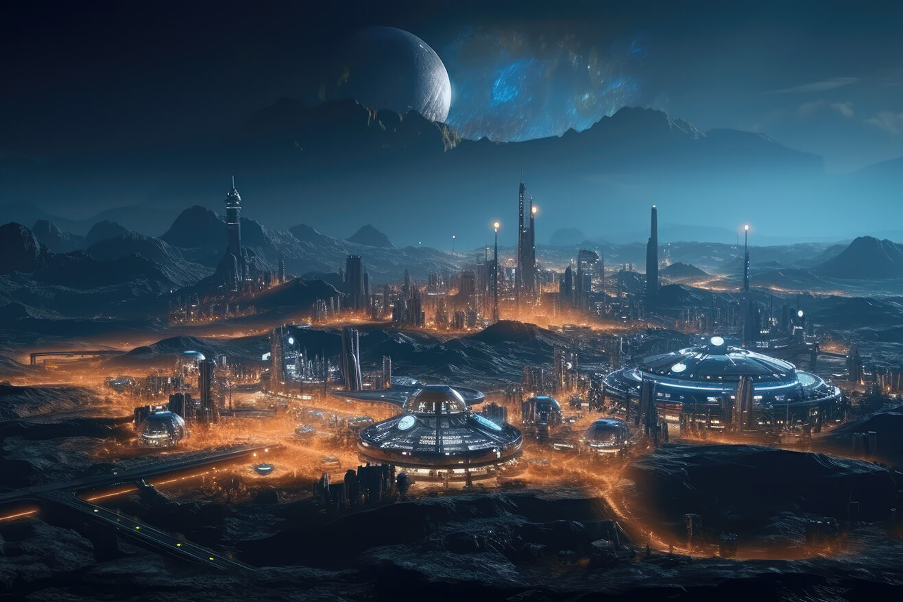 Futuristic colony with orange lights on some planet with big moon