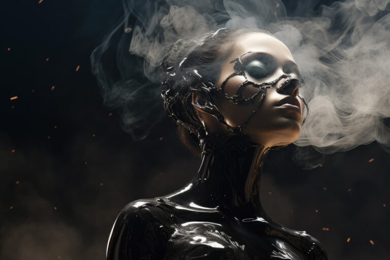 Fantasy woman with liquid black body and smoke