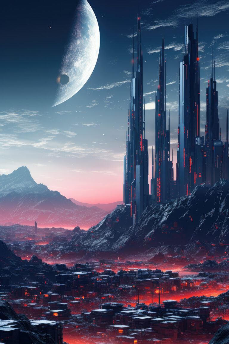 City with red lights on unknown planet with skyscrapers