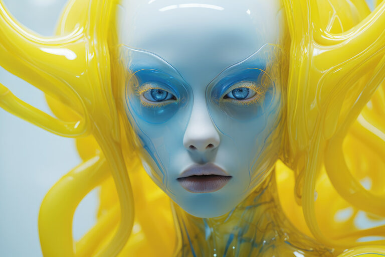 Fantasy woman with blue glossy skin and yellow liquid hair