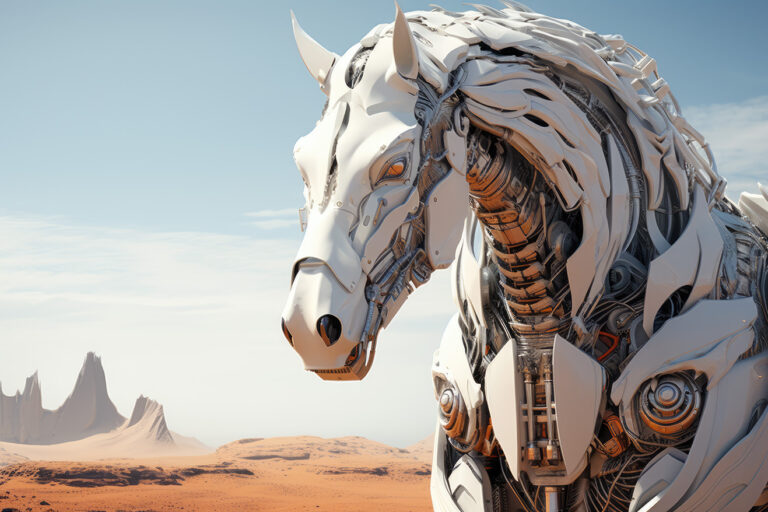 White robot horse in the desert