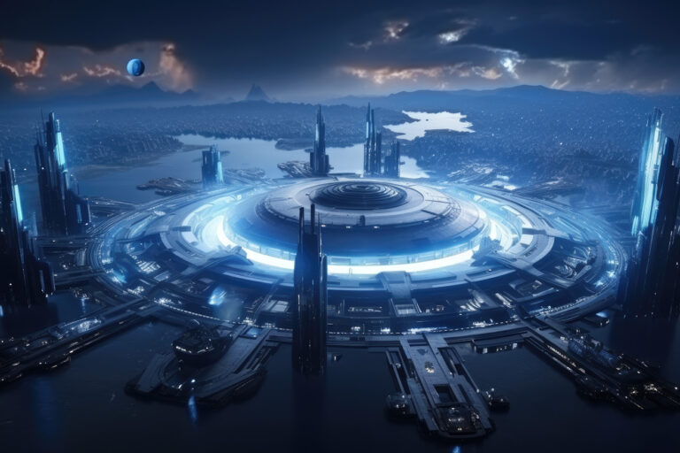 Huge round futuristic building with blue lights