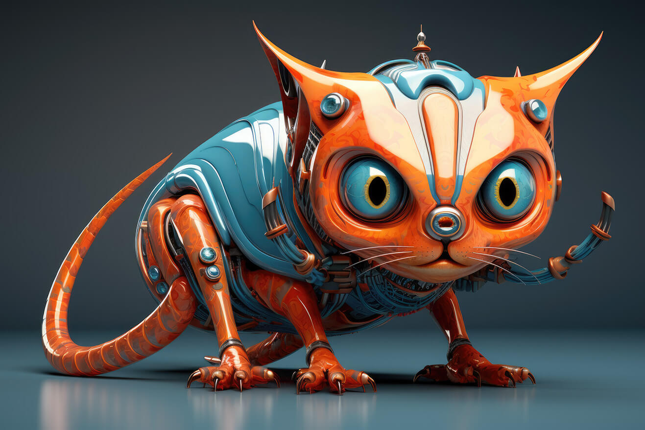 Weird cat creature with glossy orange skin and blue body