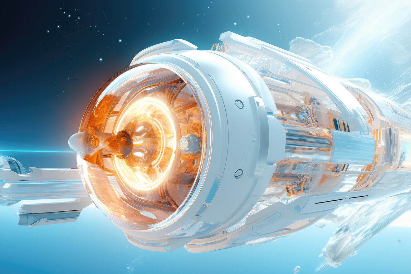 Futuristic white and blue capsule with orange lights in space