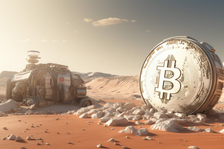 Bitcoin white metal object on some planet