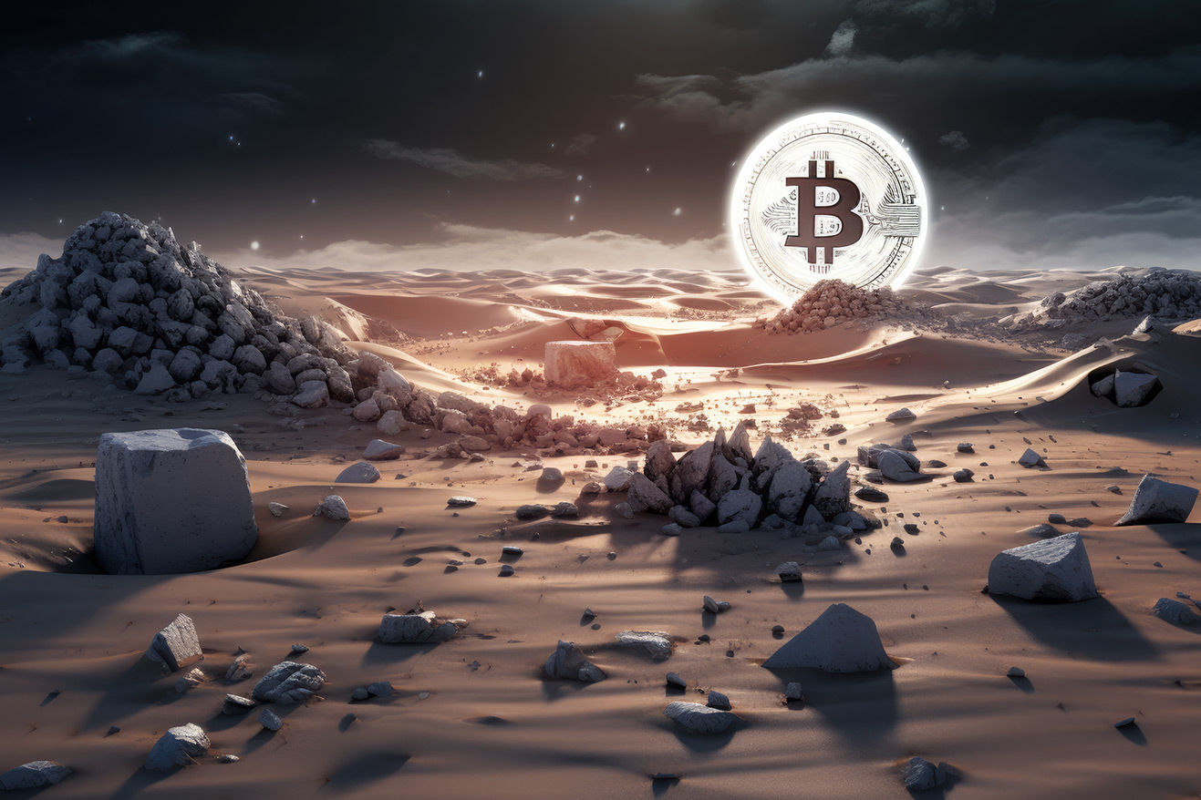 White glowing bitcoin sign on planet landscape