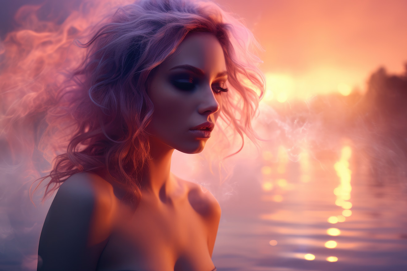 Woman with pink hair in the water, pastel colors