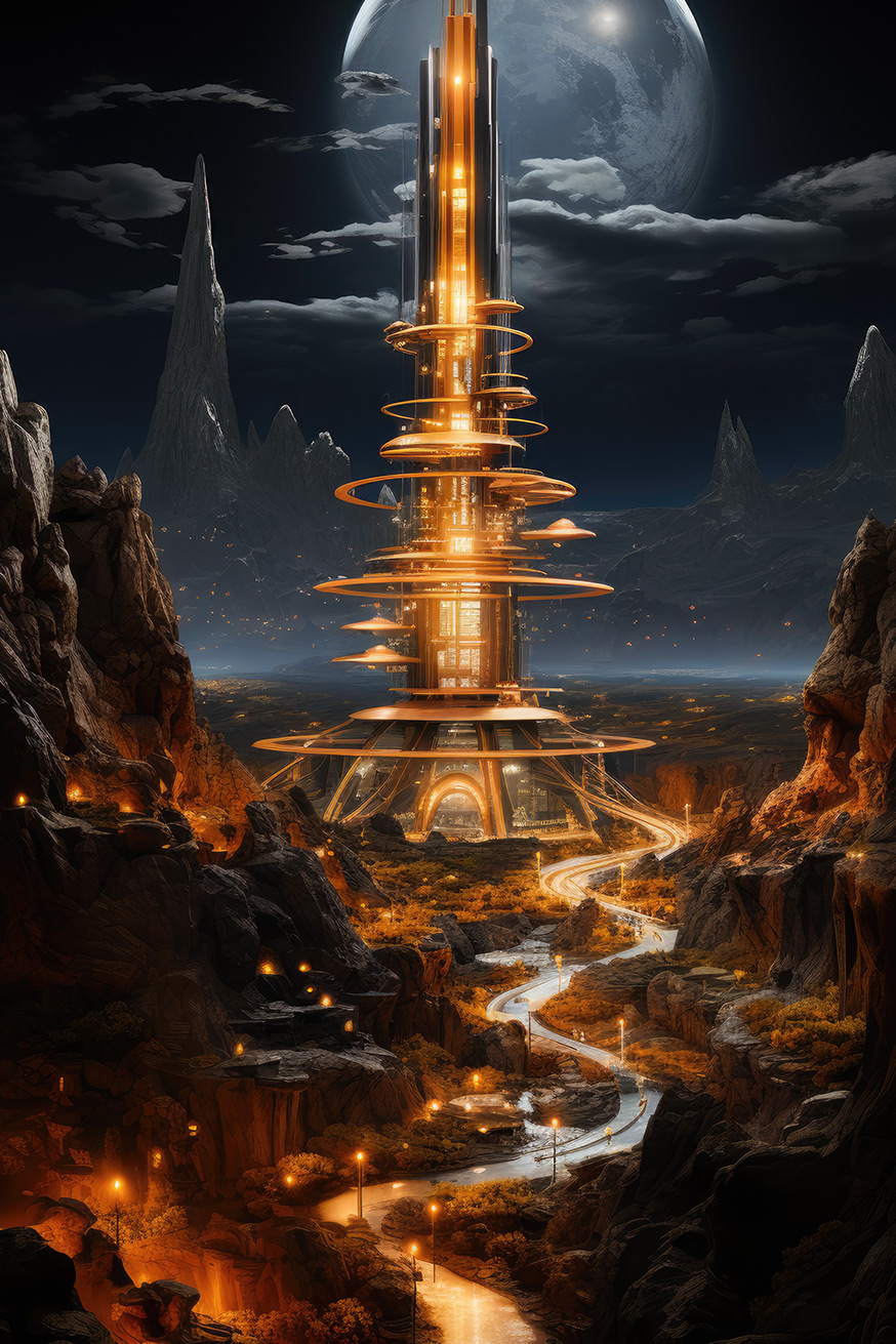 Orange lights tower on unknown planet at night