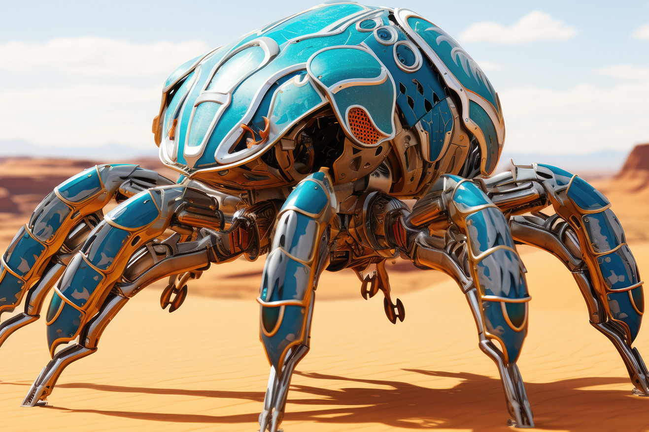 Big blue metallic robot bug in desert