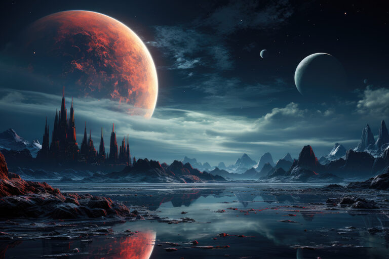 Night planet landscape with orange rising Mars and lake