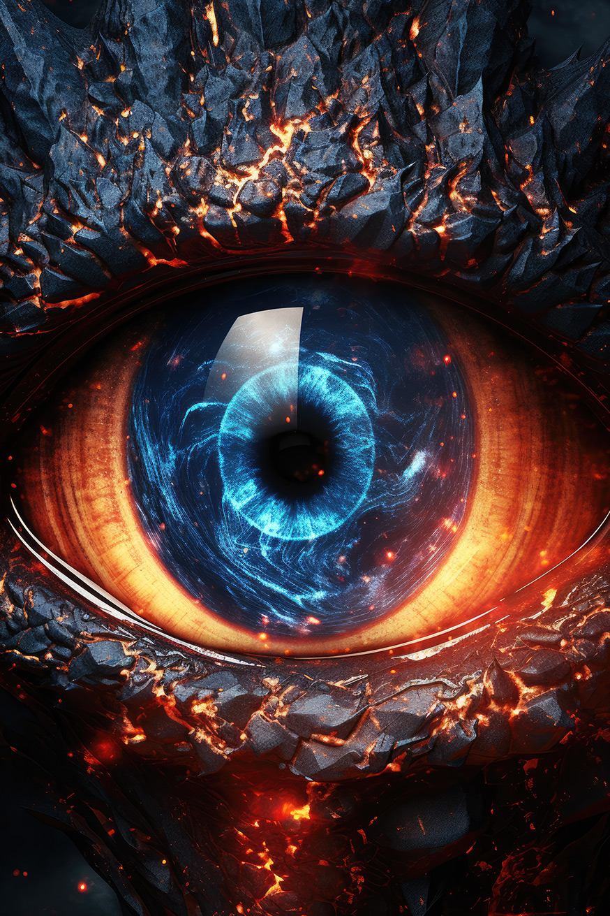 Huge dark stone monster eye orange and blue